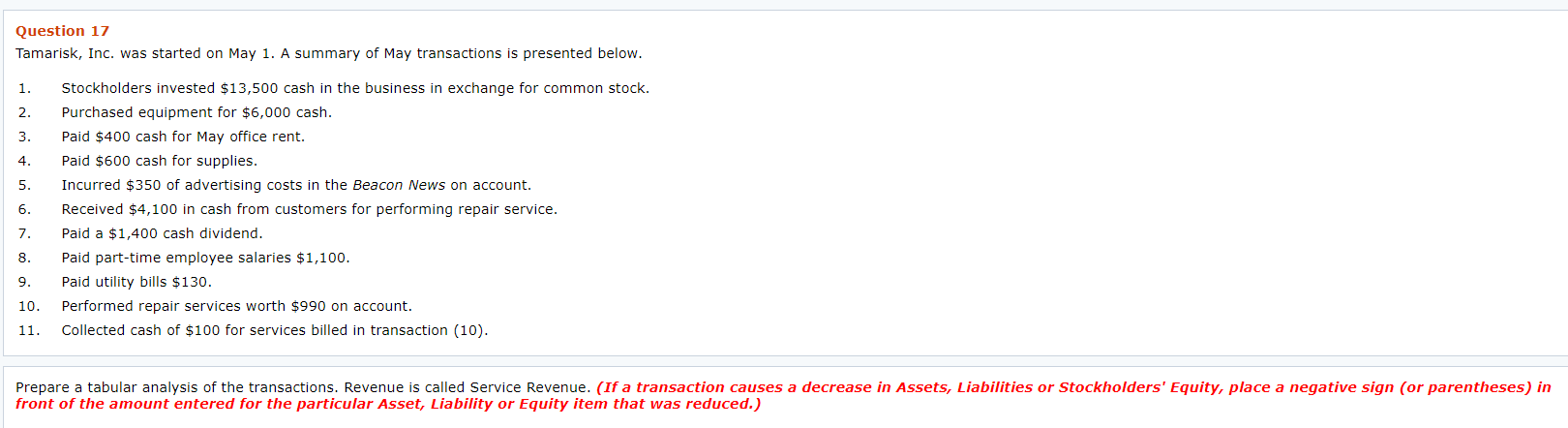 Tamarisk, Inc. was started on May 1. A summary of May transactions is presented below.
1.
Stockholders invested $13,500 cash in the business in exchange for common stock.
2.
Purchased equipment for $6,000 cash.
3.
Paid $400 cash for May office rent.
4.
Paid $600 cash for supplies.
5.
Incurred $350 of advertising costs in the Beacon News on account.
6.
Received $4,100 in cash from customers for performing repair service.
7.
Paid a $1,400 cash dividend.
8.
Paid part-time employee salaries $1,100.
9.
Paid utility bills $130.
10.
Performed repair services worth $990 on account.
11.
Collected cash of $100 for services billed in transaction (10).
Prepare a tabular analysis of the transactions. Revenue is called Service Revenue. (If a transaction causes a decrease in Assets, Liabilities or Stockholders' Equity, place a negative sign (or parentheses) in
front of the amount entered for the particular Asset, Liability or Equity item that was reduced.)
