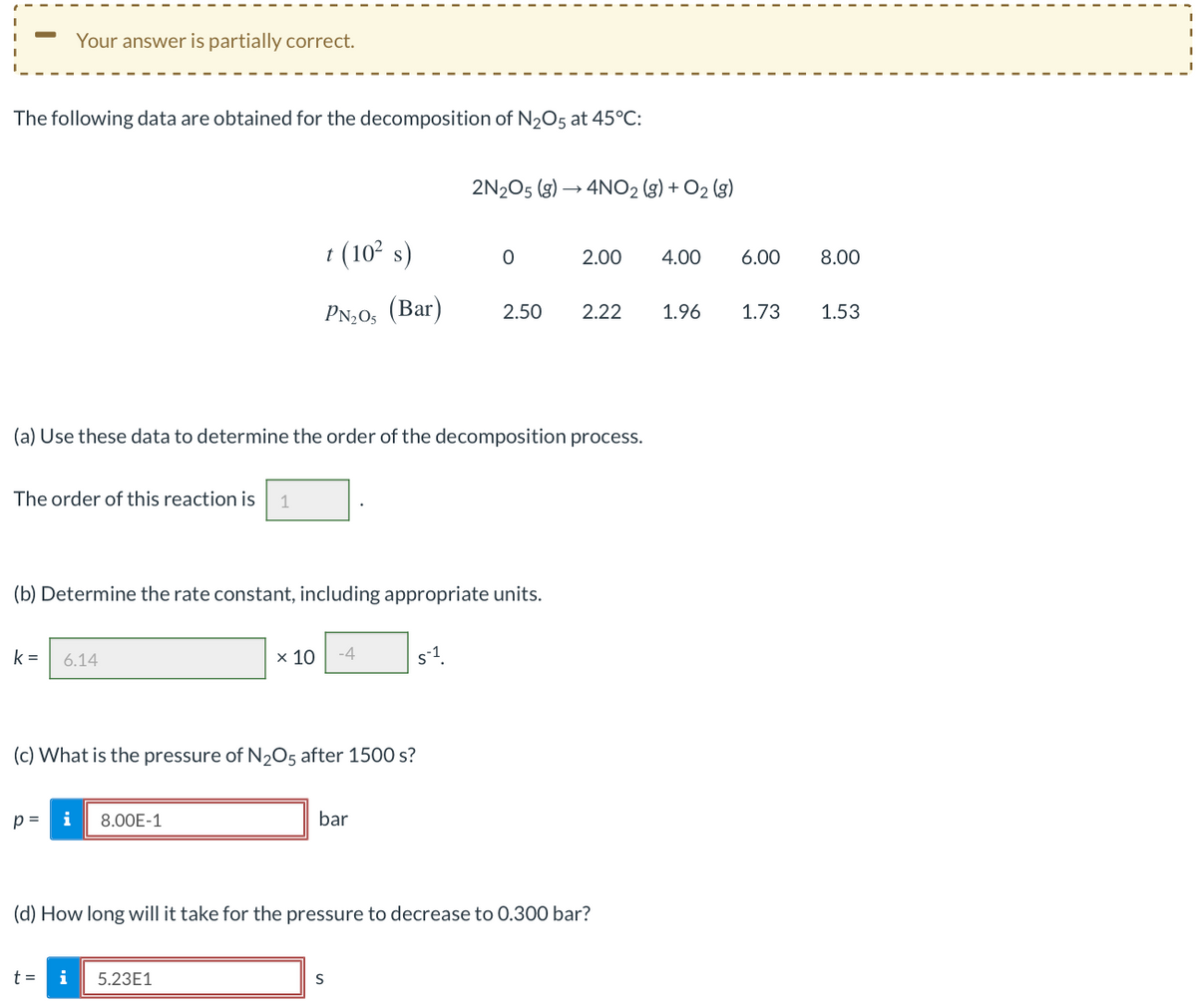 Your answer is partially correct.
The following data are obtained for the decomposition of N2O5 at 45°C:
2N2O5 (g) → 4NO2 (g) + O2 (g)
t (10° s)
2.00
4.00
6.00
8.00
Pм.0, (Bar)
2.50
2.22
1.96
1.73
1.53
(a) Use these data to determine the order of the decomposition process.
The order of this reaction is
1
(b) Determine the rate constant, including appropriate units.
k =
6.14
х 10
-4
s1
(c) What is the pressure of N2O5 after 1500 s?
p =
8.00E-1
bar
(d) How long will it take for the pressure to decrease to 0.300 bar?
t =
i
5.23E1
