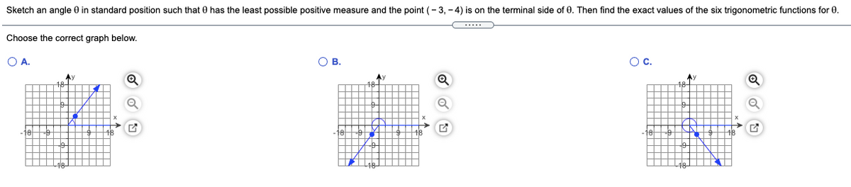 Sketch an angle 0 in standard position such that 0 has the least possible positive measure and the point (- 3, -4) is on the terminal side of 0. Then find the exact values of the six trigonometric functions for 0.
Choose the correct graph below.
OA.
O B.
OC.
Ay
