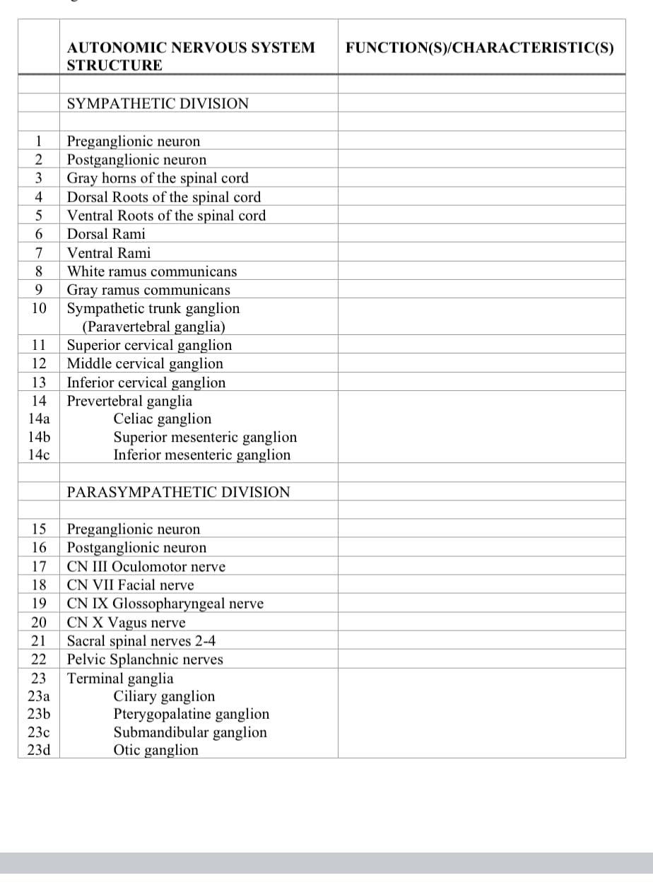AUTONOMIC NERVOUS SYSTEM
STRUCTURE
FUNCTION(S)/CHARACTERISTIC(S)
SYMPATHETIC DIVISION
Preganglionic neuron
Postganglionic neuron
Gray horns of the spinal cord
Dorsal Roots of the spinal cord
Ventral Roots of the spinal cord
1
3
4
6.
Dorsal Rami
7
Ventral Rami
8
White ramus communicans
Gray ramus communicans
Sympathetic trunk ganglion
(Ра
Superior cervical ganglion
Middle cervical ganglion
Inferior cervical ganglion
Prevertebral ganglia
Celiac ganglion
Superior mesenteric ganglion
Inferior mesenteric ganglion
9.
10
tebral ganglia)
11
12
13
14
14a
14b
14c
PARASYMPATHETIC DIVISION
15
Preganglionic neuron
Postganglionic neuron
CN III Oculomotor nerve
CN VII Facial nerve
CN IX Glossopharyngeal nerve
CN X Vagus nerve
Sacral spinal nerves 2-4
Pelvic Splanchnic nerves
Terminal ganglia
Ciliary ganglion
16
17
18
19
20
21
22
23
23a
Pterygopalatine ganglion
Submandibular ganglion
23b
23c
23d
Otic ganglion
