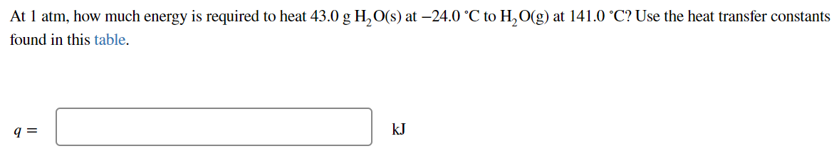 At 1 atm, how much energy is required to heat 43.0 g H,O(s) at –24.0 °C to H,O(g) at 141.0 °C? Use the heat transfer constants
found in this table.
kJ
