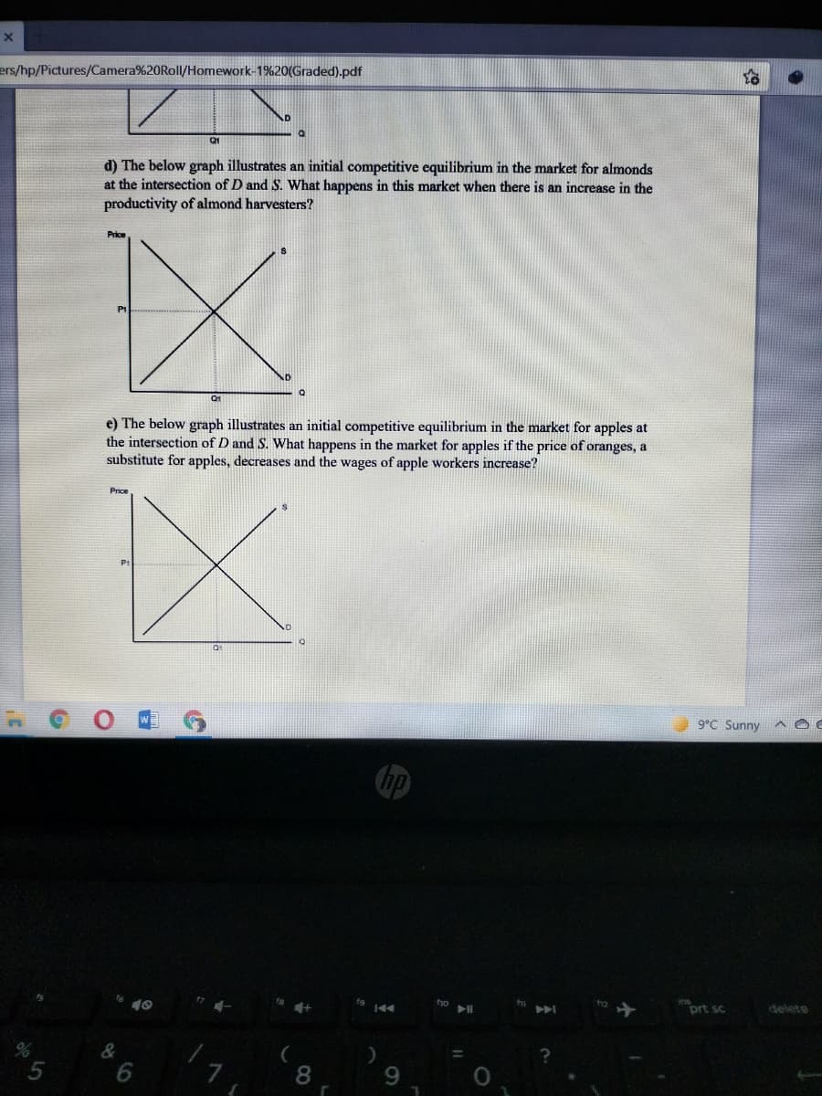 ers/hp/Pictures/Camera%20Roll/Homework-1%20(Graded).pdf
d) The below graph illustrates an initial competitive equilibrium in the market for almonds
at the intersection of D and S. What happens in this market when there is an increase in the
productivity of almond harvesters?
Price
P1
No
e) The below graph illustrates an initial competitive equilibrium in the market for apples at
the intersection of D and S. What happens in the market for apples if the price of oranges, a
substitute for apples, decreases and the wages of apple workers increase?
Price
9°C Sunny
^ oe
10
prt sc
8
9.
