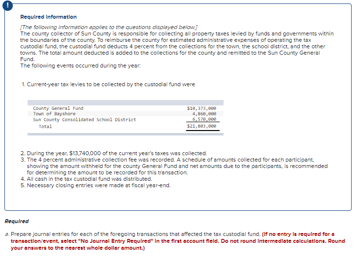 Required Information
[The following information applies to the questions displayed below.]
The county collector of Sun County is responsible for collecting all property taxes levied by funds and governments within
the boundaries of the county. To reimburse the county for estimated administrative expenses of operating the tax
custodial fund, the custodial fund deducts 4 percent from the collections for the town, the school district, and the other
towns. The total amount deducted is added to the collections for the county and remitted to the Sun County General
Fund.
The following events occurred during the year:
1. Current-year tax levies to be collected by the custodial fund were
County General Fund
Town of Bay
Sun County Consolidated School District
Total
$10,373,000
4,860,000
6,570,000
$21,803,000
2. During the year, $13,740,000 of the current year's taxes was collected.
3. The 4 percent administrative collection fee was recorded. A schedule of amounts collected for each participant,
showing the amount withheld for the county General Fund and net amounts due to the participants, is recommended
for determining the amount to be recorded for this transaction.
4. All cash in the tax custodial fund was distributed.
5. Necessary closing entries were made at fiscal year-end.
Required
a. Prepare journal entries for each of the foregoing transactions that affected the tax custodial fund. (If no entry is required for a
transaction/event, select "No Journal Entry Required" In the first account fleld. Do not round Intermediate calculations. Round
your answers to the nearest whole dollar amount.)
