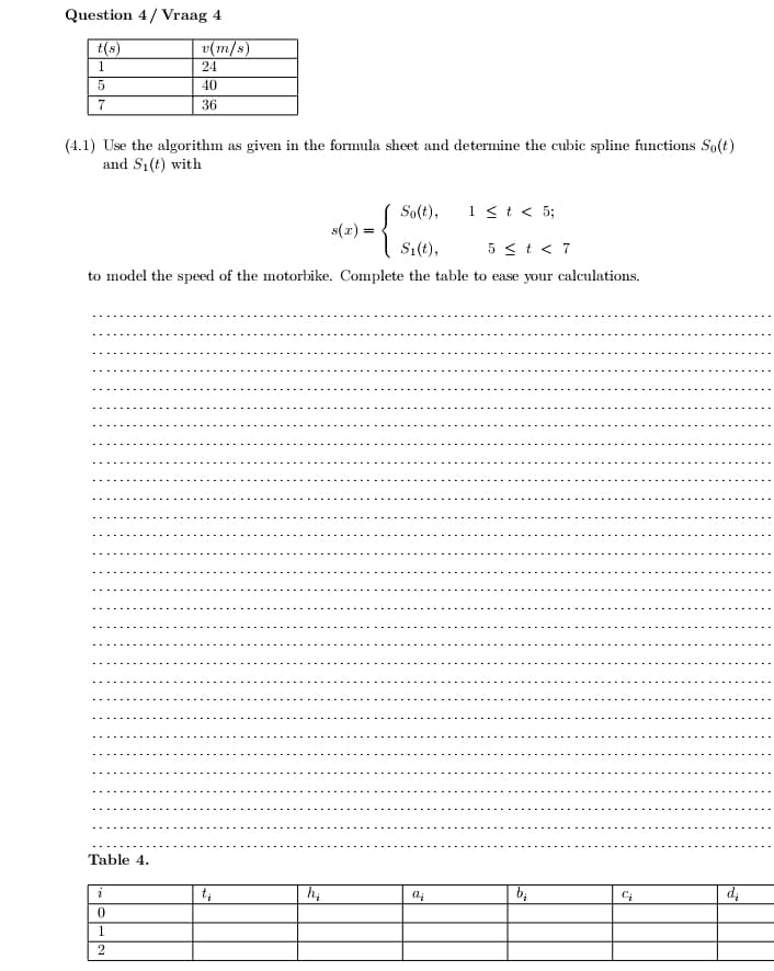 Question 4/ Vraag 4
t(s)
v(m/s)
1.
24
40
36
(4.1) Use the algorithm as given in the formula sheet and determine the cubic spline functions So(t)
and S1(t) with
So(t),
1 <t < 5;
s(1) =
5 < t < 7
to model the speed of the motorbike. Complete the table to ease your calculations.
Table 4.
1.
2
