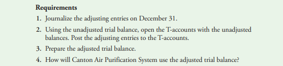 Requirements
1. Journalize the adjusting entries on December 31.
2. Using the unadjusted trial balance, open the T-accounts with the unadjusted
balances. Post the adjusting entries to the T-accounts.
3. Prepare the adjusted trial balance.
4. How will Canton Air Purification System use the adjusted trial balance?
