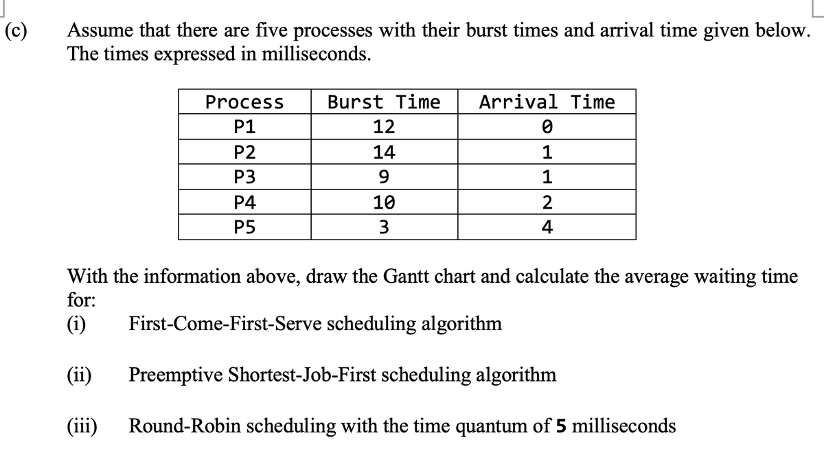 (c)
Assume that there are five processes with their burst times and arrival time given below.
The times expressed in milliseconds.
Process
P1
P2
P3
P4
P5
Burst Time
12
14
9
10
3
Arrival Time
0
1
1
2
4
With the information above, draw the Gantt chart and calculate the average waiting time
for:
(i)
First-Come-First-Serve scheduling algorithm
(ii)
(iii)
Preemptive Shortest-Job-First scheduling algorithm
Round-Robin scheduling with the time quantum of 5 milliseconds