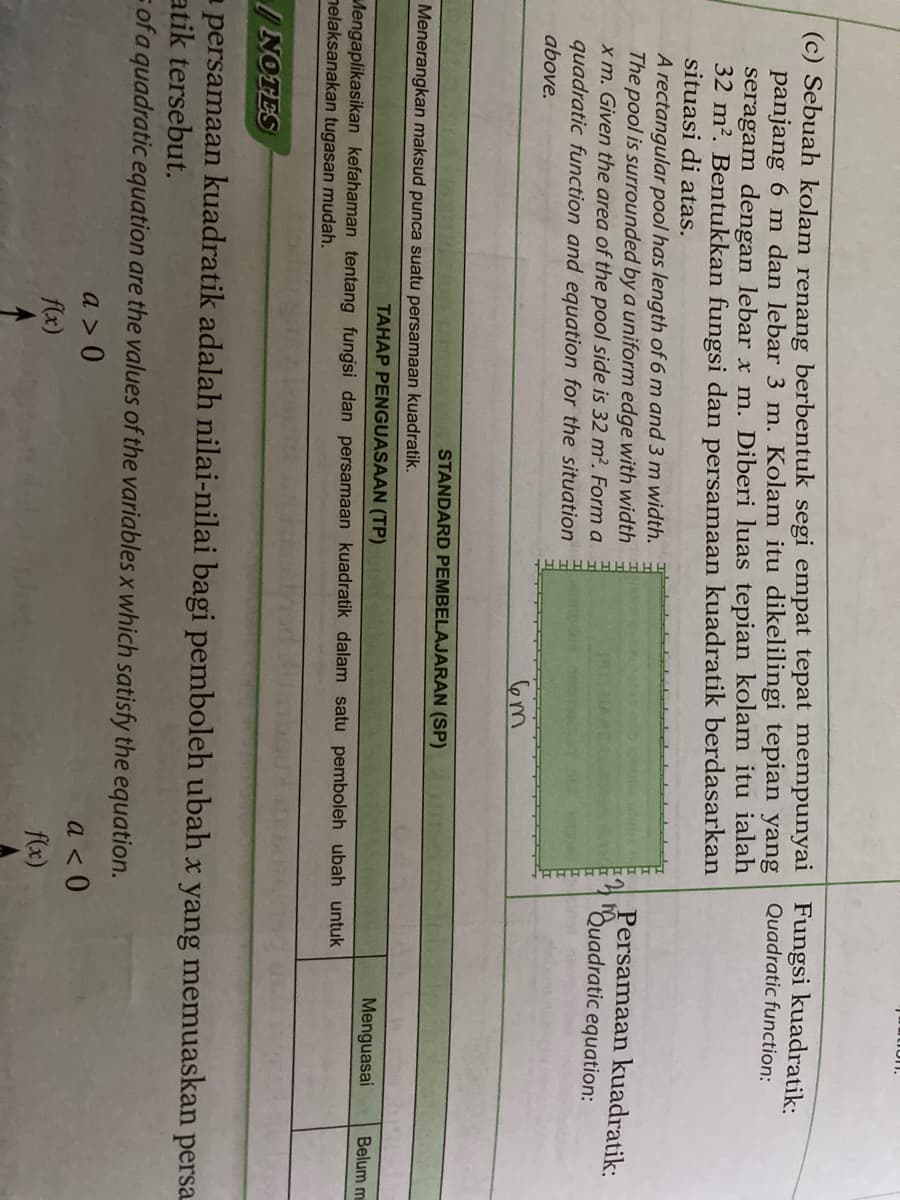(c) Sebuah kolam renang berbentuk segi empat tepat mempunyai | Fungsi kuadratik:
panjang 6 m dan lebar 3 m. Kolam itu dikelilingi tepian yang
seragam dengan lebar x m. Diberi luas tepian kolam itu ialah
32 m². Bentukkan fungsi dan persamaan kuadratik berdasarkan
situasi di atas.
Quadratic function:
A rectangular pool has length of 6 m and 3 m width.
The pool is surrounded by a uniform edge with width
xm. Given the area of the pool side is 32 m². Form a
quadratic function and equation for the situation
above.
Persamaan kuadratik:
Quadratic equation:
STANDARD PEMBELAJARAN (SP)
Menerangkan maksud punca suatu persamaan kuadratik.
TAHAP PENGUASAAN (TP)
Menguasai
Belum m
Mengaplikasikan kefahaman tentang fungsi dan persamaan kuadratik dalam satu pemboleh ubah untuk
nelaksanakan tugasan mudah.
/ NOTES
persamaan kuadratik adalah nilai-nilai bagi pemboleh ubah x yang memuaskan persa
atik tersebut.
= of a quadratic equation are the values of the variables x which satisfy the equation.
a > 0
f(x)
a < 0
flx)
