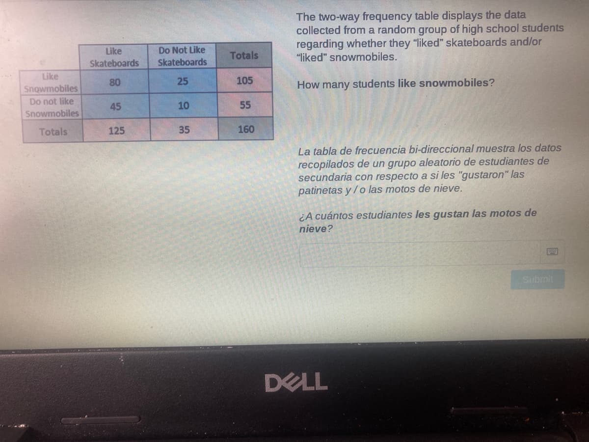 The two-way frequency table displays the data
collected from a random group of high school students
regarding whether they "liked" skateboards and/or
"liked" snowmobiles.
Do Not Like
Like
Skateboards
Totals
Skateboards
Like
80
25
105
How many students like snowmobiles?
Snowmobiles
Do not like
45
10
55
Snowmobiles
Totals
125
35
160
La tabla de frecuencia bi-direccional muestra los datos
recopilados de un grupo aleatorio de estudiantes de
secundaria con respecto a si les "gustaron" las
patinetas y/o las motos de nieve.
¿A cuántos estudiantes les gustan las motos de
nieve?
Submit
DELL
