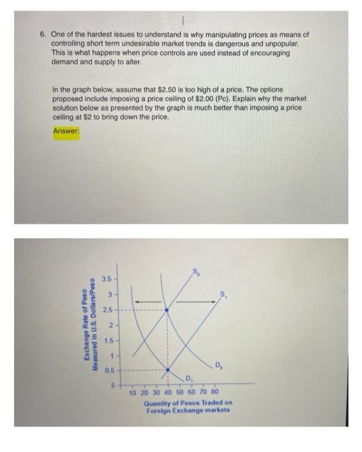 6. One of the hardest issues to understand is why manipulating prices as means of
controlling short term undesirable market trends is dangerous and unpopular.
This is what happens when price controls are used instead of encouraging
demand and supply to alter.
In the graph below, assume that $2.50 is too high of a price. The options
proposed include imposing a price ceiling of $2.00 (Pc). Explain why the market
solution below as presented by the graph is much better than imposing a price
ceiling at $2 to bring down the price.
Answer:
So
Exchange Rate of Peso
Dollars/Peso
Measured in U.S.
3.5
3-
2.5
2-
1.5
1-
0.5
5+
D₂
D,
10 20 30 40 50 60 70 80
Quantity of Pesos Traded on
Foreign Exchange markets