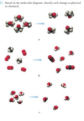 17. Based on the molecular diagram, classify each change as physical
or chemical.
a.
b.
