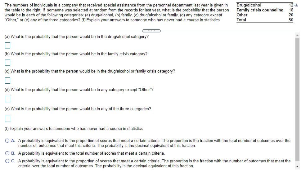 Druglalcohol
Family crisis counseling
120
The numbers of individuals in a company that received special assistance from the personnel department last year is given in
the table to the right. If someone was selected at random from the records for last year, what is the probability that the person
would be in each of the following categories: (a) drug/alcohol, (b) family, (c) drug/alcohol or family, (d) any category except
"Other," or (e) any of the three categories? (f) Explain your answers to someone who has never had a course in statistics.
18
Other
Total
20
50
(a) What is the probability that the person would be in the drug/alcohol category?
(b) What is the probability that the person would be in the family crisis category?
(c) What is the probability that the person would be in the drug/alcohol or family crisis category?
(d) What is the probability that the person would be in any category except "Other"?
(e) What is the probability that the person would be in any of the three categories?
(f) Explain your answers to someone who has never had a course in statistics.
O A. Aprobability is equivalent to the proportion of scores that meet a certain criteria. The proportion is the fraction with the total number of outcomes over the
number of outcomes that meet this criteria. The probability is the decimal equivalent of this fraction.
O B. Aprobability is equivalent to the total number of scores that meet a certain criteria.
O C. A probability is equivalent to the proportion of scores that meet a certain criteria. The proportion is the fraction with the number of outcomes that meet the
criteria over the total number of outcomes. The probability is the decimal equivalent of this fraction.
