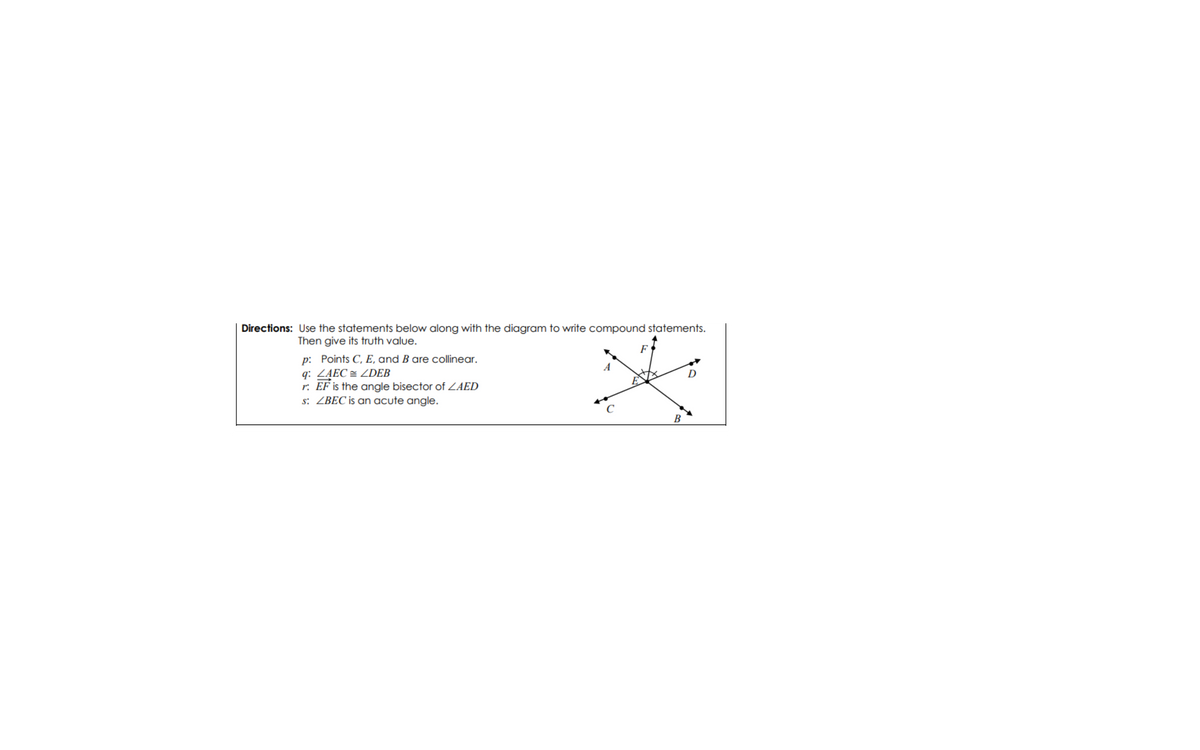 Directions: Use the statements below along with the diagram to write compound statements.
Then give its truth value.
F
p: Points C, E, and B are collinear.
q: ZAEC = ZDEB
r. EF is the angle bisector of ZAED
s: ZBEC is an acute angle.
D
C
B
