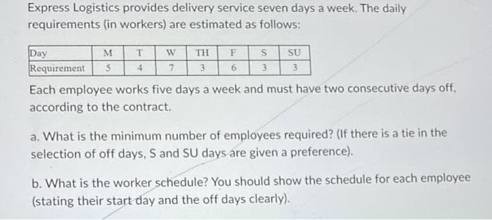 Express Logistics provides delivery service seven days a week. The daily
requirements (in workers) are estimated as follows:
Day
M T
Requirement 5 4
W
7
ΤΗ
3
F
6
S
3
SU
3
Each employee works five days a week and must have two consecutive days off,
according to the contract.
a. What is the minimum number of employees required? (If there is a tie in the
selection of off days, S and SU days are given a preference).
b. What is the worker schedule? You should show the schedule for each employee
(stating their start day and the off days clearly).