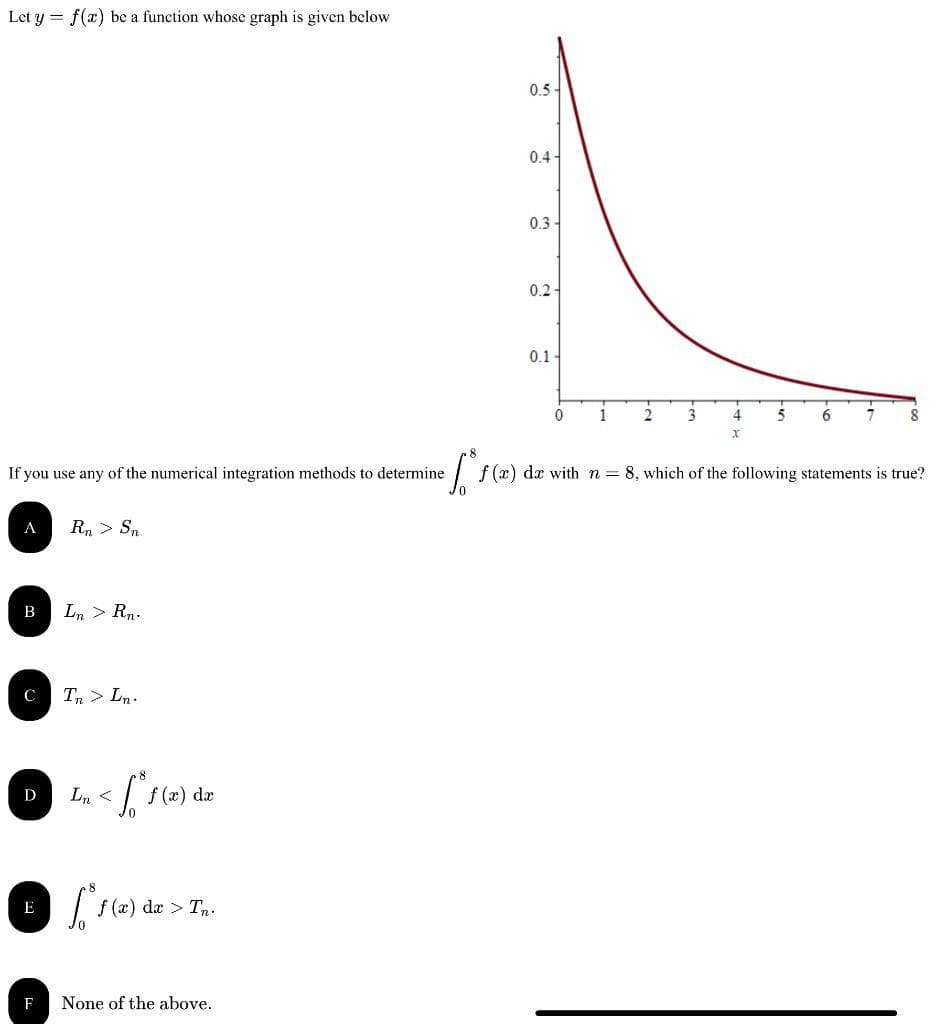 Let y = f(x) be a function whose graph is given below
If you use any of the numerical integration methods to determine
A
B
C
Rn > Sn
Ln > Rn.
F
Tn > Ln.
Du < [1(a) de
Ln
f
Ⓒ'(a)
E
f (x) dx > Tn.
None of the above.
0.5-
0.4-
0.3-
0.2-
0.1-
0
1
2
3
4
X
5
6
8
f(x) dx with n = 8, which of the following statements is true?