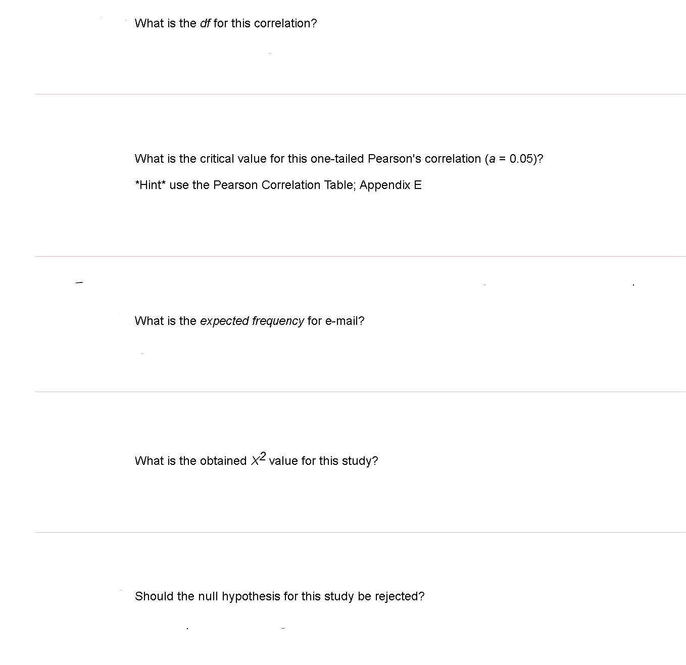 What is the df for this correlation?
What is the critical value for this one-tailed Pearson's correlation (a = 0.05)?
*Hint* use the Pearson Correlation Table; Appendix E
What is the expected frequency for e-mail?
What is the obtained X² value for this study?
Should the null hypothesis for this study be rejected?