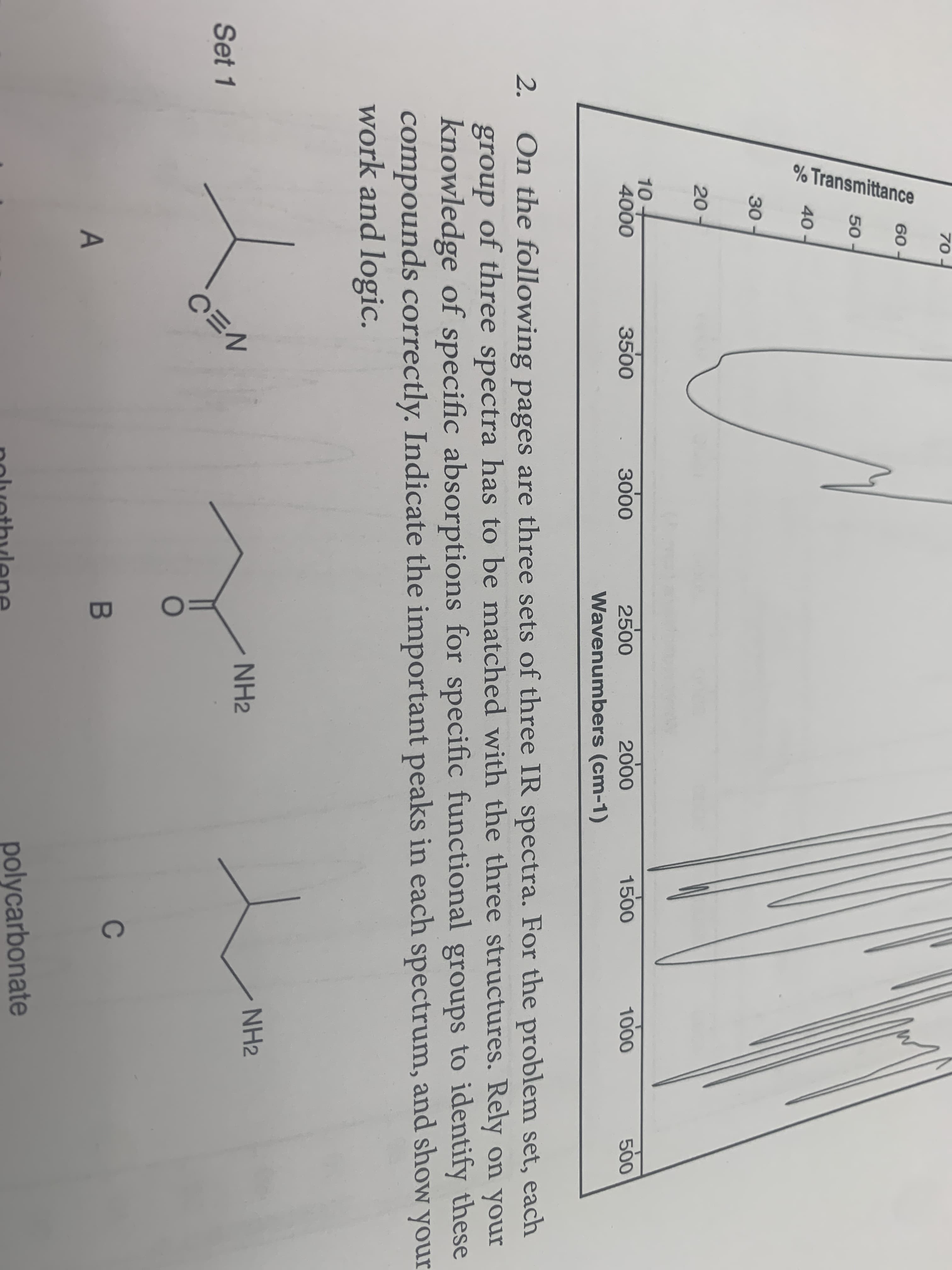 On the following pages are three sets of three IR spectra. For the problem set, each
group of three spectra has to be matched with the three structures. Rely on your
knowledge of specific absorptions for specific functional groups to identify these
compounds correctly. Indicate the important peaks in each spectrum, and show your
work and logic.
2.
NH2
NH2
Set 1
C
