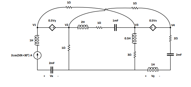 10
10
0.5Vy
1mF
0.5Vx
2H
10
V1
V2
V3
V4
0.5H
20
1H
10
2cos(50t+30*) A (1
30
2mF
2mF
1H
+
Vx
Vy
ele w
tele
