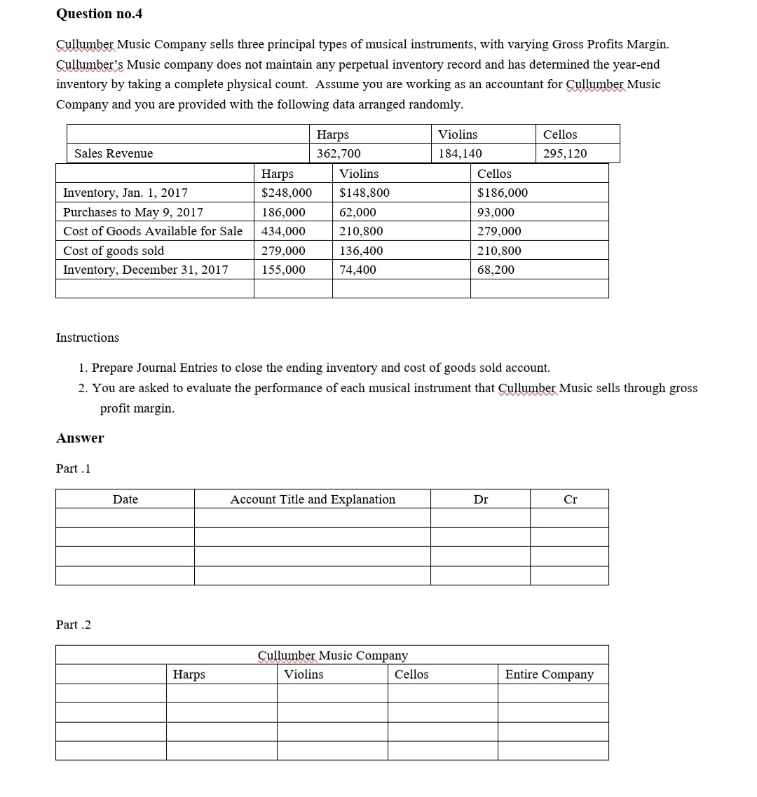 Question no.4
Cullumber Music Company sells three principal types of musical instruments, with varying Gross Profits Margin.
Cullumber's Music company does not maintain any perpetual inventory record and has determined the year-end
inventory by taking a complete physical count. Assume you are working as an accountant for Cullumber Music
Company and you are provided with the following data arranged randomly.
Harps
Violins
Cellos
Sales Revenue
362,700
184,140
295,120
Harps
Violins
Cellos
Inventory, Jan. 1, 2017
$248,000
$148,800
$186,000
Purchases to May 9, 2017
186,000
62,000
93,000
Cost of Goods Available for Sale
434,000
210,800
279,000
Cost of goods sold
279,000
136,400
210,800
Inventory, December 31, 2017
155,000
74,400
68,200
Instructions
1. Prepare Journal Entries to close the ending inventory and cost of goods sold account.
2. You are asked to evaluate the performance of each musical instrument that Cullumber Music sells through gross
profit margin.
Answer
Part .1
Date
Account Title and Explanation
Dr
Cr
Part .2
Cullumber Music Company
Harps
Violins
Cellos
Entire Company
