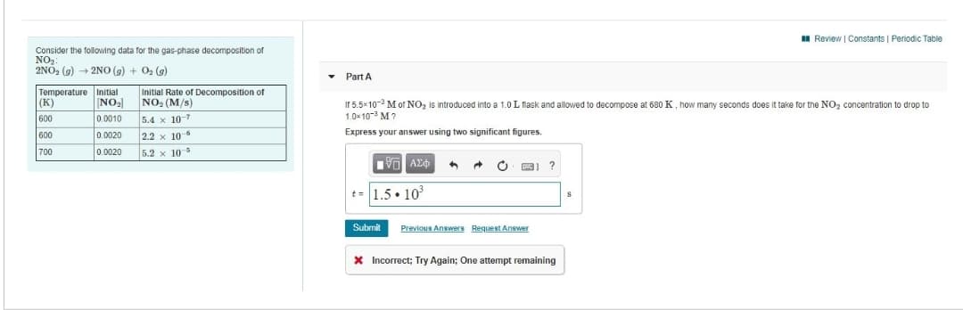 Consider the following data for the gas-phase decomposition of
NO₂:
2NO₂ (g) → 2NO(g) + O₂(g)
Temperature
(K)
600
600
700
Initial
[NO₂]
Initial Rate of Decomposition of
NO₂ (M/s)
0.0010
5.4 x 10-7
0.0020
2.2 x 10-6
0.0020 5.2 x 105
▾ Part A
If 5.5x10-3 M of NO₂ is introduced into a 1.0 L flask and allowed to decompose at 680 K, how many seconds does it take for the NO₂ concentration to drop to
1.0x10-² M?
Express your answer using two significant figures.
195] ΑΣΦΑΛΙ
AX
+= 1.5.10³
→
R
Submit Previous Answers Request Answer
?
* Incorrect; Try Again; One attempt remaining
Review | Constants | Periodic Table
S