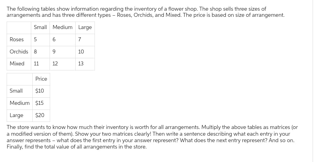 The following tables show information regarding the inventory of a flower shop. The shop sells three sizes of
arrangements and has three different types - Roses, Orchids, and Mixed. The price is based on size of arrangement.
Small Medium Large
Roses 5
Orchids 8
Mixed 11
6
9
12
7
10
13
Price
Small
$10
Medium $15
Large
$20
The store wants to know how much their inventory is worth for all arrangements. Multiply the above tables as matrices (or
a modified version of them). Show your two matrices clearly! Then write a sentence describing what each entry in your
answer represents - what does the first entry in your answer represent? What does the next entry represent? And so on.
Finally, find the total value of all arrangements in the store.