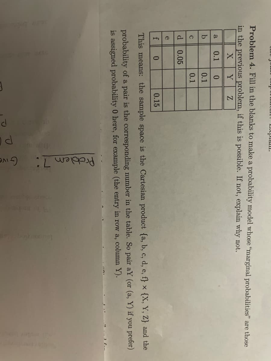 Problem 7:
DAplan.
Problem 4. Fill in the blanks to make a probability model whose "marginal probabilities" are those
in the previous problem, if this is possible. If not, explain why not.
Y
a
0.1
0.1
0.1
d.
0.05
e
0.15
This means: the sample space is the Cartesian product {a, b, c, d, e, f} x {X, Y, Z} and the
probability of a pair is the corresponding number in the table. So pair aY (or (a, Y) if you prefer)
is assigned probability 0 here, for example (the entry in row a, column Y).
