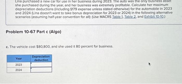 Lina purchased a new car for use in her business during 2023. The auto was the only business asset
she purchased during the year, and her business was extremely profitable. Calculate her maximum
depreciation deductions (including §179 expense unless stated otherwise) for the automobile in 2023
and 2024 (Lina doesn't want to take bonus depreciation for 2023 or 2024) in the following alternative
scenarios (assuming half-year convention for all): (Use MACRS Table 1. Table 2, and Exhibit 10-10.)
Problem 10-67 Part c (Algo)
c. The vehicle cost $80,800, and she used it 80 percent for business.
Depreciation
deduction
Year
2023
2024