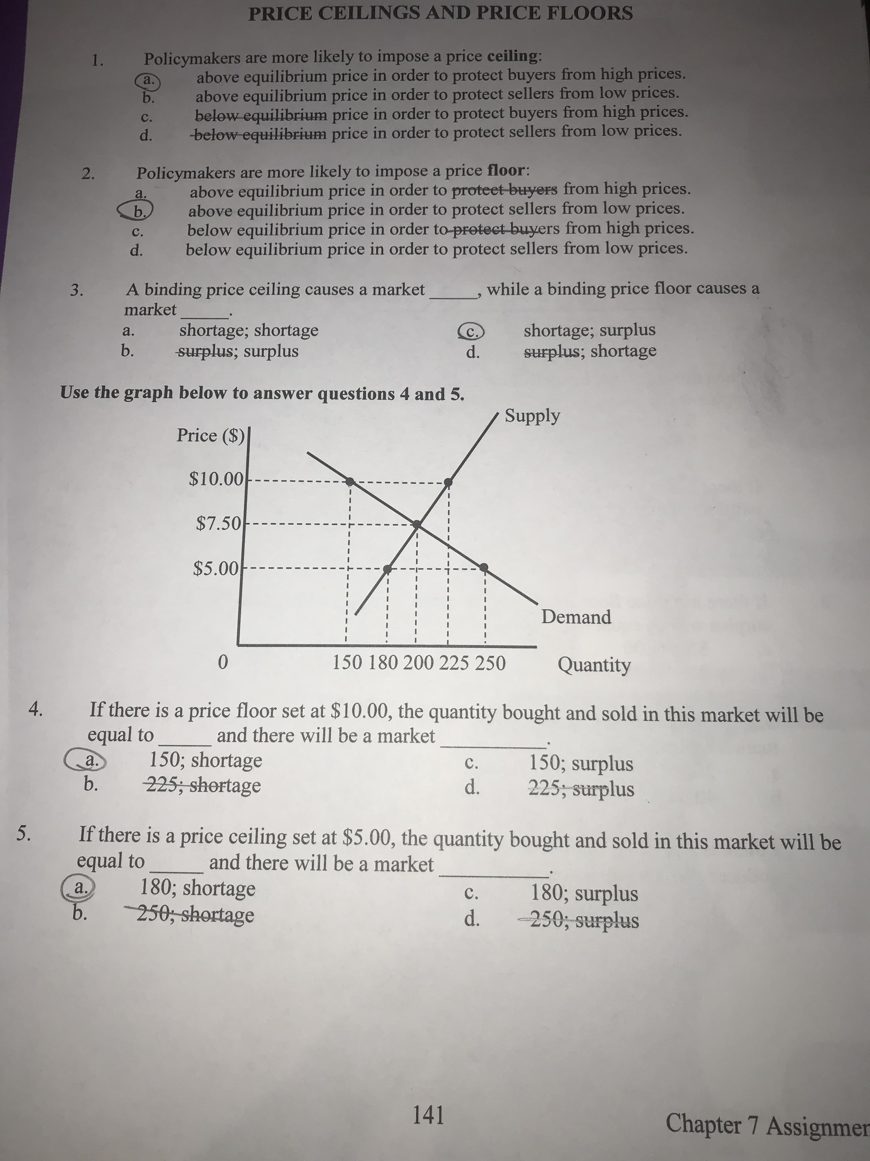 PRICE CEILINGS AND PRICE FLOORS
Policymakers are more likely to impose a price ceiling:
1.
above equilibrium price in order to protect buyers from high prices.
above equilibrium price in order to protect sellers from low prices.
below equilibrium price in order to protect buyers from high prices.
-below-equilibrium price in order to protect sellers from low prices.
a.
b.
с.
d.
Policymakers are more likely to impose a price floor:
2.
above equilibrium price in order to proteet buyers from high prices.
above equilibrium price in order to protect sellers from low prices.
below equilibrium price in order to-protect buyers from high prices.
below equilibrium price in order to protect sellers from low prices.
a.
с.
d.
while a binding price floor causes a
A binding price ceiling causes a market
market
3.
shortage; surplus
surplus; shortage
shortage; shortage
surplus; surplus
с.
a.
b.
d.
Use the graph below to answer questions 4 and 5.
Supply
Price ($)
$10.00
$7.50-
$5.00
Demand
150 180 200 225 250
0
Quantity
If there is a price floor set at $10.00, the quantity bought and sold in this market will be
equal to
4.
and there will be a market
150; shortage
225, shortage
150; surplus
225; surplus
а.
с.
b.
d.
If there is a price ceiling set at $5.00, the quantity bought and sold in this market will be
equal to
5.
and there will be a market
180; shortage
250,-shortage
180; surplus
-250; surplus
a.
с.
Б.
d.
141
Chapter 7 Assignmer
