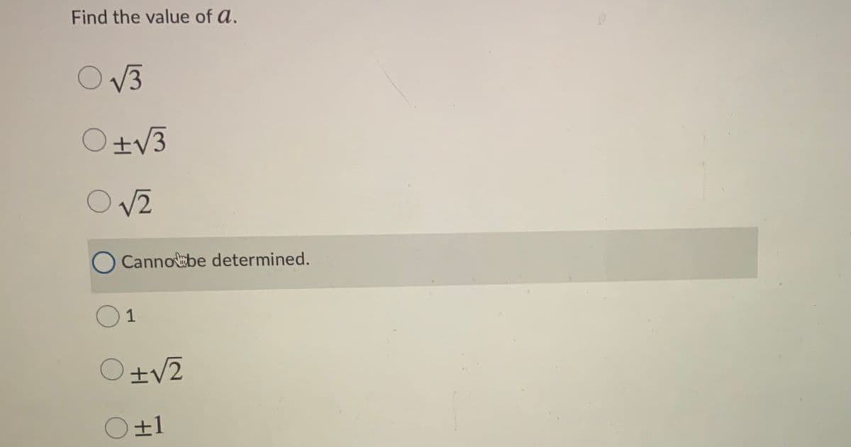 The question asks, "Find the value of \( a \)." Below are the multiple-choice options:

- \( \sqrt{3} \)
- \( \pm \sqrt{3} \)
- \( \sqrt{2} \)
- Cannot be determined.
- 1
- \( \pm \sqrt{2} \)
- \( \pm 1 \)

The option "Cannot be determined" is selected. There are no graphs or diagrams in the image.