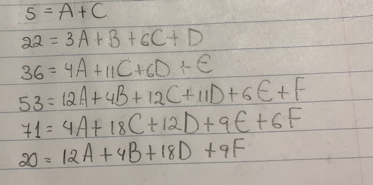 S= A+C
22= 3 A+B +6C+D
36 = 4A +1C+CD+€
53:1Q月+43+12C+D+らE+F
41= 4A+ 18C+12D+9€+6F
20=12A+4B+18D +9F
%3D
%3D
