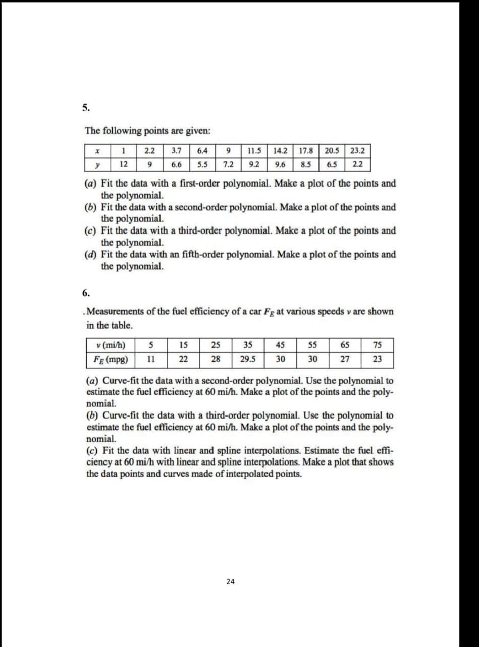 5.
The following points are given:
2.2 3.7
17.8 20.5
1
6.4
11.5
14.2
23.2
12
9
6.6
5.5
7.2
9.2
9.6
8.5
6.5
2.2
(a) Fit the data with a first-order polynomial. Make a plot of the points and
the polynomial.
(b) Fit the data with a second-order polynomial. Make a plot of the points and
the polynomial.
(c) Fit the data with a third-order polynomial. Make a plot of the points and
the polynomial.
(d) Fit the data with an fifth-order polynomial. Make a plot of the points and
the polynomial.
6.
.Measurements of the fuel efficiency of a car Fg at various spceds v are shown
in the table.
v (mi/h)
5
15
25
35
45
55
65
75
FE (mpg)
11
22
28
29.5
30
30
27
23
(a) Curve-fit the data with a second-order polynomial. Use the polynomial to
estimate the fuel efficiency at 60 mi/h. Make a plot of the points and the poly-
nomial.
(b) Curve-fit the data with a third-order polynomial. Use the polynomial to
estimate the fuel efficiency at 60 mi/h. Make a plot of the points and the poly-
nomial.
(c) Fit the data with linear and spline interpolations. Estimate the fuel effi-
ciency at 60 mi/h with linear and spline interpolations. Make a plot that shows
the data points and curves made of interpolated points.
24
