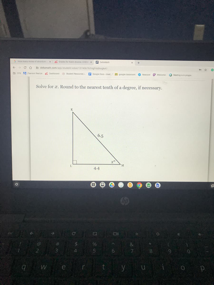 **Title: Solving for an Angle in a Right Triangle**

**Objective:** Learn how to determine the measure of an angle in a right-angled triangle using the given lengths of the hypotenuse and one adjacent side.

### Problem Statement
**Solve for \( x \). Round to the nearest tenth of a degree, if necessary.**

### Given Diagram:
A right-angled triangle \( \triangle KLM \) is presented with the following details:
- Segment \( KM \) is the hypotenuse, labeled with a length of \( 6.5 \) units.
- Segment \( LM \) is one of the legs (adjacent to angle \( x^\circ \)), labeled with a length of \( 4.4 \) units.
- The right angle is located at vertex \( L \).

### Solution Approach
To find the angle \( x \):

1. **Trigonometric Ratio**: Use the cosine function, which relates the adjacent side and the hypotenuse in a right-angled triangle.
   \[
   \cos(x) = \frac{\text{adjacent side}}{\text{hypotenuse}}
   \]
   For \( \triangle KLM \):
   \[
   \cos(x) = \frac{LM}{KM} = \frac{4.4}{6.5}
   \]

2. **Calculate the Cosine Value**:
   \[
   \cos(x) = \frac{4.4}{6.5} \approx 0.6769
   \]

3. **Determine the Angle**: Use the inverse cosine function (often denoted as \( \cos^{-1} \) or \( \text{arccos} \)) to find the angle:
   \[
   x = \cos^{-1}(0.6769)
   \]

4. **Use a Calculator to Find \( x \)**:
   \[
   x \approx 47.1^\circ
   \]

### Conclusion
The value of \( x \) is approximately \( 47.1 \) degrees when rounded to the nearest tenth of a degree.

**Note:** Ensure the calculator is set to degree mode to get the correct measure of the angle in degrees.