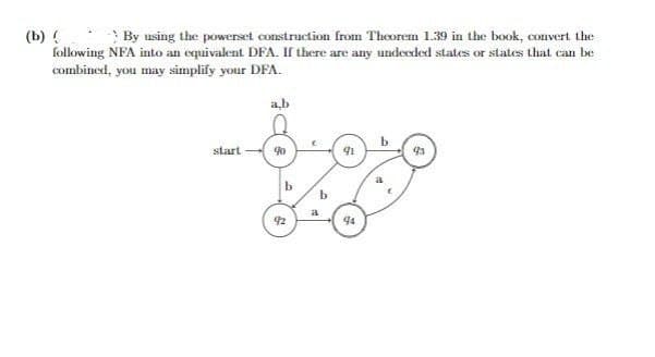 (b) (
By using the powerset construction from Theorem 1.39 in the book, convert the
following NFA into an equivalent DFA. If there are any undeeded states or states that can be
combined, you may simplify your DFA.
a,b
start
40
91
93
92
44
a