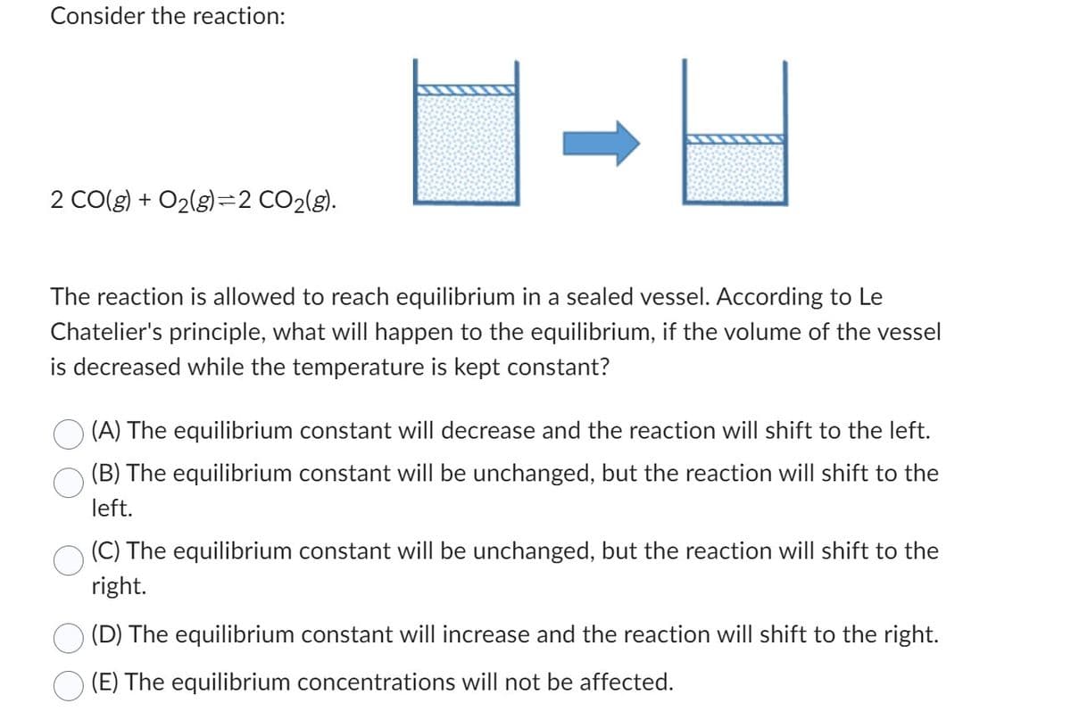 Consider the reaction:
2 CO(g) + O₂(g) 2 CO₂(g).
The reaction is allowed to reach equilibrium in a sealed vessel. According to Le
Chatelier's principle, what will happen to the equilibrium, if the volume of the vessel
is decreased while the temperature is kept constant?
(A) The equilibrium constant will decrease and the reaction will shift to the left.
(B) The equilibrium constant will be unchanged, but the reaction will shift to the
left.
(C) The equilibrium constant will be unchanged, but the reaction will shift to the
right.
(D) The equilibrium constant will increase and the reaction will shift to the right.
(E) The equilibrium concentrations will not be affected.