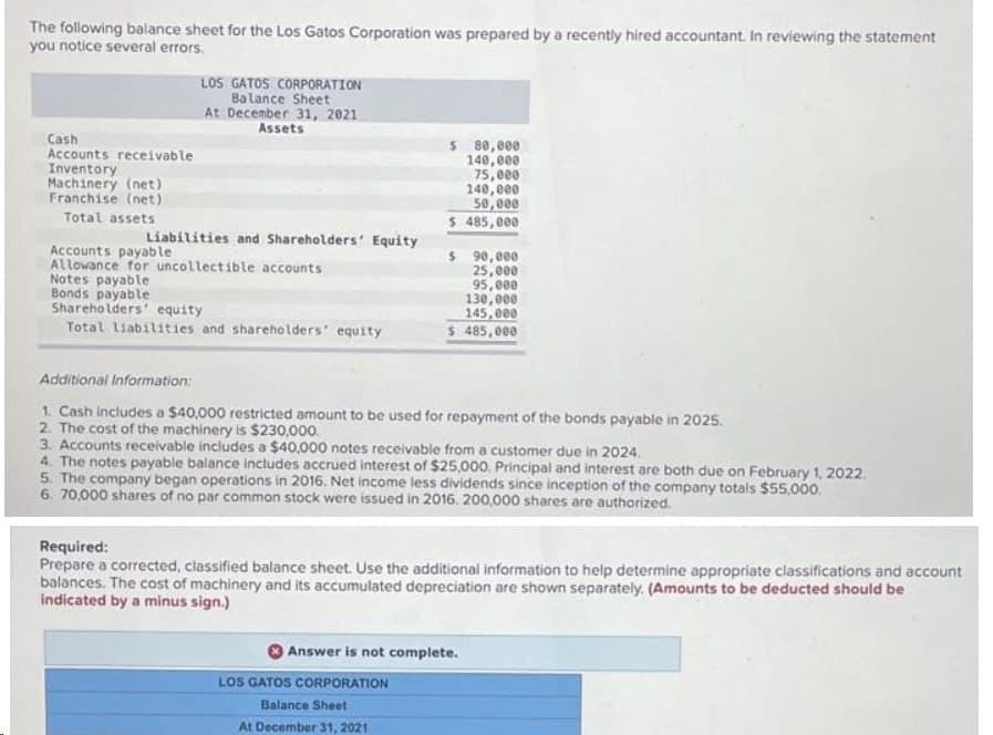 The following balance sheet for the Los Gatos Corporation was prepared by a recently hired accountant. In reviewing the statement
you notice several errors.
Cash
Accounts receivable
Inventory
Machinery (net)
Franchise (net)
Total assets
LOS GATOS CORPORATION
Balance Sheet
At December 31, 2021
Assets
Liabilities and Shareholders' Equity
Accounts payable
Allowance for uncollectible accounts
Notes payable
Bonds payable
Shareholders' equity
Total liabilities and shareholders' equity
$ 80,000
140,000
75,000
140,000
50,000
$ 485,000
$ 90,000
25,000
95,000
130,000
145,000
$ 485,000
Additional Information:
1. Cash includes a $40,000 restricted amount to be used for repayment of the bonds payable in 2025.
2. The cost of the machinery is $230,000.
3. Accounts receivable includes a $40,000 notes receivable from a customer due in 2024.
4. The notes payable balance includes accrued interest of $25,000. Principal and interest are both due on February 1, 2022.
5. The company began operations in 2016. Net income less dividends since inception of the company totals $55,000.
6. 70,000 shares of no par common stock were issued in 2016. 200,000 shares are authorized.
LOS GATOS CORPORATION
Balance Sheet
At December 31, 2021
Required:
Prepare a corrected, classified balance sheet. Use the additional information to help determine appropriate classifications and account
balances. The cost of machinery and its accumulated depreciation are shown separately. (Amounts to be deducted should be
indicated by a minus sign.)
Answer is not complete.