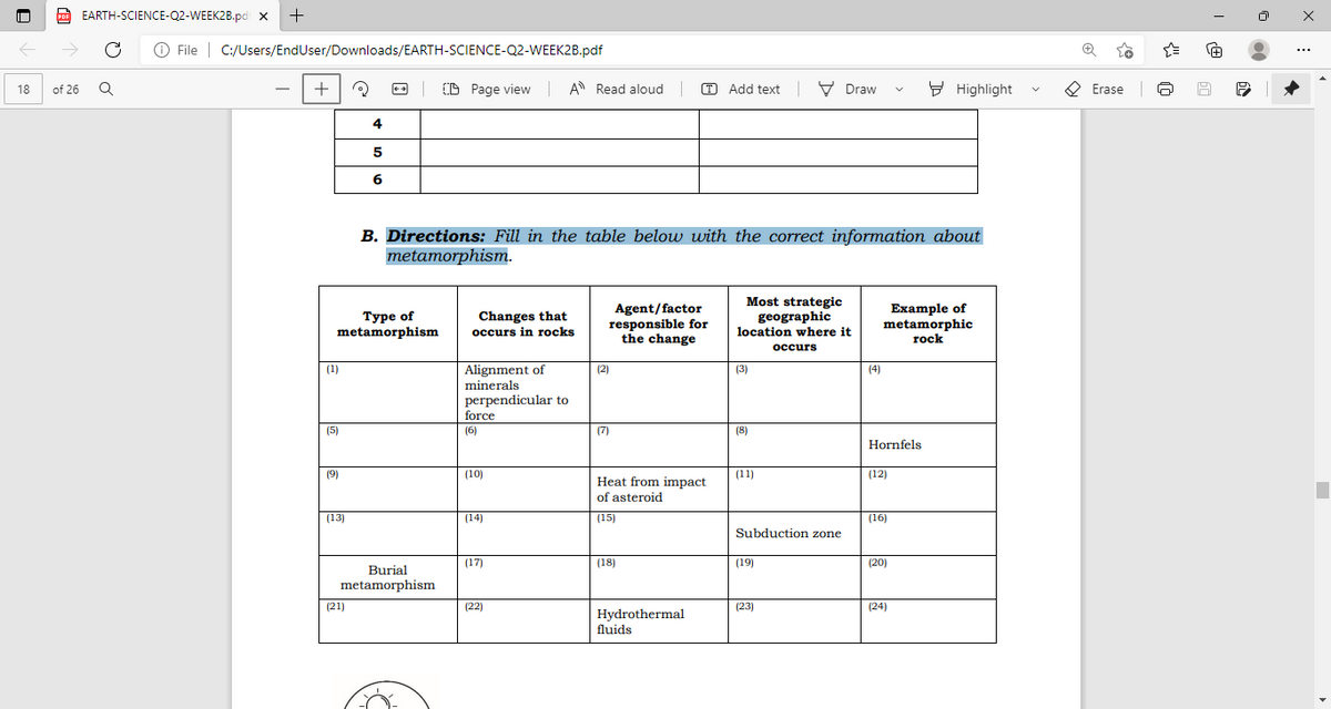 A EARTH-SCIENCE-Q2-WEEK2B.pd x
->
O File | C:/Users/EndUser/Downloads/EARTH-SCIENCE-Q2-WEEK2B.pdf
+
...
+
(D Page view A Read aloud
O Add text V Draw
9 Highlight
O Erase
18
of 26
4
5
6
B. Directions: Fill in the table below with the correct information about
metamorphism.
Туре of
metamorphism
Changes that
occurs in rocks
Agent/factor
responsible for
the change
Most strategic
geographic
location where it
Example of
metamorphic
rock
осcurs
Alignment of
minerals
(1)
(2)
(3)
(4)
perpendicular to
force
(5)
(6)
(7)
(8)
Hornfels
(9)
(10)
(11)
(12)
Heat from impact
of asteroid
(13)
(14)
(15)
(16)
Subduction zone
(17)
(18)
(19)
(20)
Burial
metamorphism
(21)
(22)
(23)
(24)
Hydrothermal
fluids
