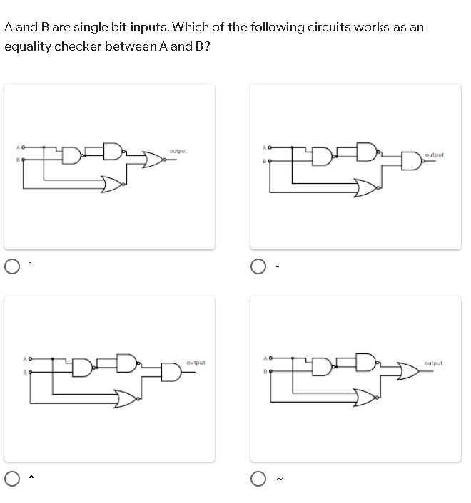 A and B are single bit inputs. Which of the following circuits works as an
equality checker between A and B?
TDAD
output
output
FDED
output
output
