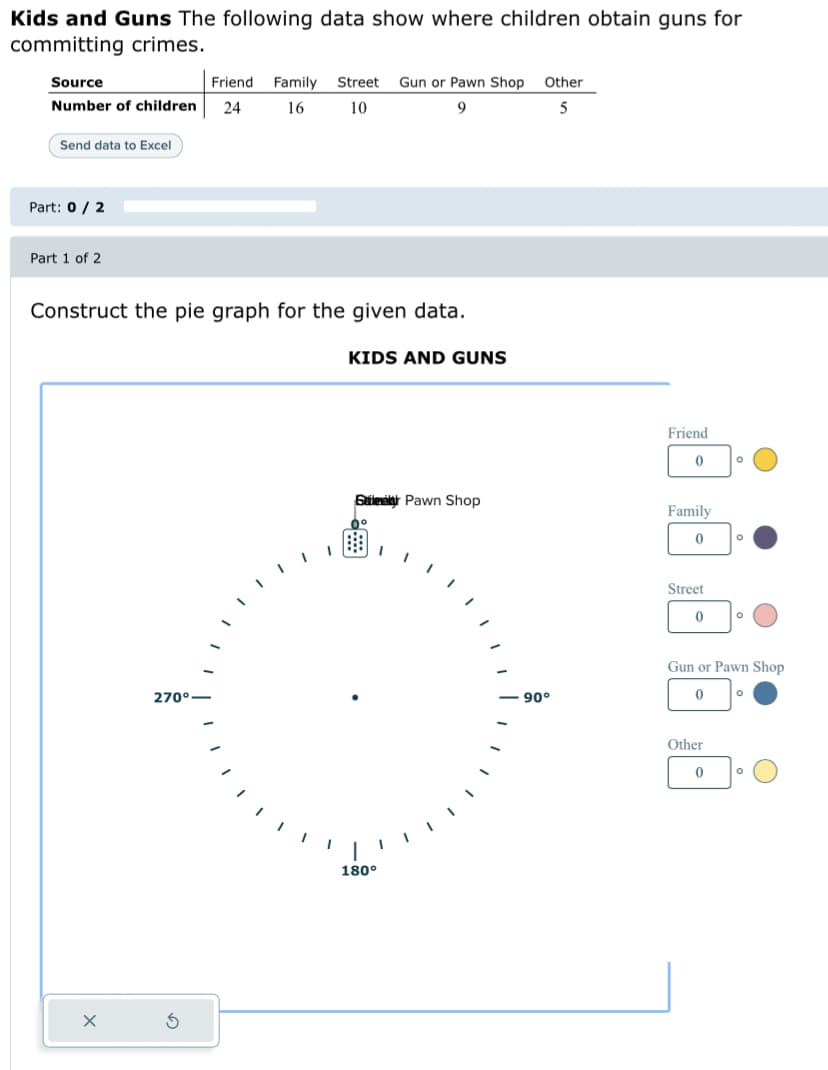 Kids and Guns The following data show where children obtain guns for
committing crimes.
Source
Number of children
Send data to Excel
Part: 0/2
Part 1 of 2
Friend Family Street Gun or Pawn Shop Other
24
16
10
9
5
Construct the pie graph for the given data.
270°
KIDS AND GUNS
Bay Pawn Shop
180°
90°
Friend
0
Family
0
Street
0
Other
O
0
O
Gun or Pawn Shop
0
O
O