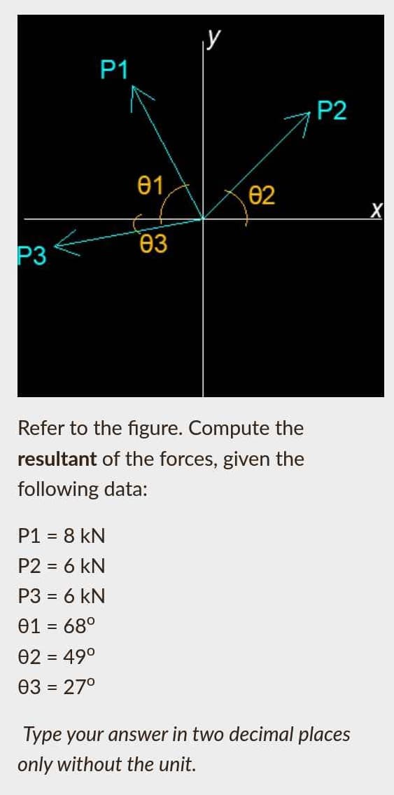 P3
P1
01
P1 = 8 KN
P2 = 6 kN
P3 = 6 kN
01 = 68°
02 = 49°
03 = 27°
03
02
Refer to the figure. Compute the
resultant of the forces, given the
following data:
P2
Type your answer in two decimal places
only without the unit.
X