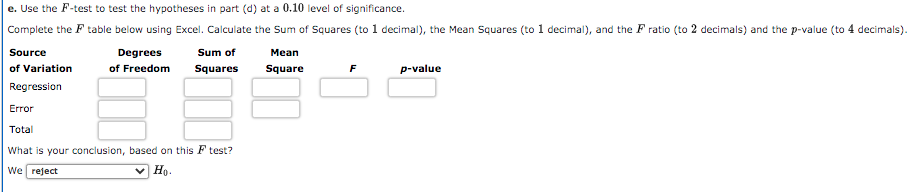 e. Use the F-test to test the hypotheses in part (d) at a 0.10 level of significance.
Complete the F table below using Excel. Calculate the Sum of Squares (to 1 decimal), the Mean Squares (to 1 decimal), and the F ratio (to 2 decimals) and the p-value (to 4 decimals).
Source
Degrees
Sum of
Мean
of Variation
of Freedom
Squares
Square
F
p-value
Regression
Error
Total
What is your conclusion, based on this F test?
We reject
v Họ.
