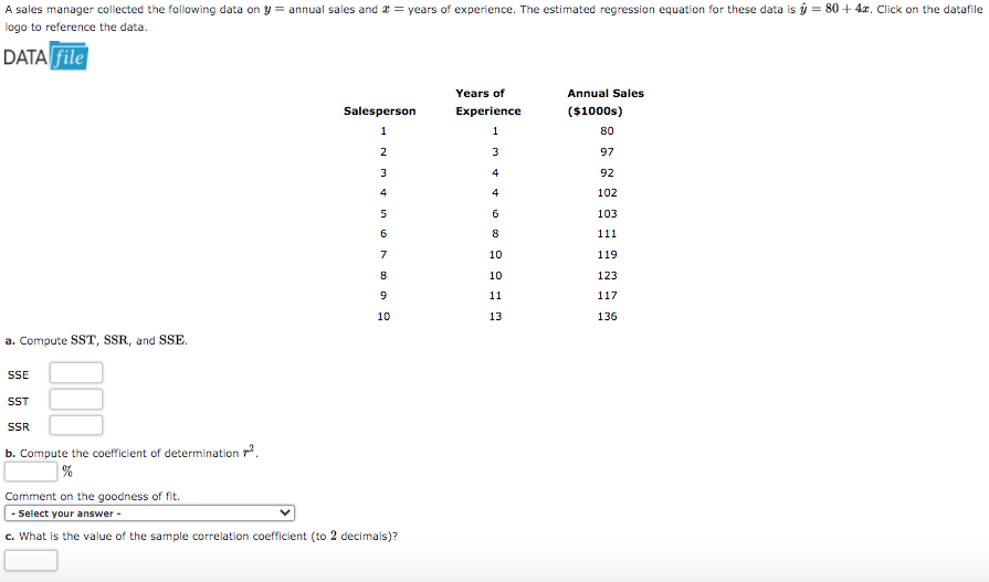 A sales manager collected the following data on y = annual sales and * = years of experience. The estimated regression equation for these data is y = 80 + 4x. Click on the datafile
logo to reference the data.
DATA File
Years of
Annual Sales
Salesperson
Experience
($1000s)
1
1
80
2
3
97
3
4
92
4
4
102
103
6.
8
111
7
10
119
10
123
9
11
117
10
13
136
a. Compute SST, SSR, and SSE.
SE
SST
SSR
b. Compute the coefficient of determination r.
%
Comment on the goodness of fit.
- Select your answer -
c. What is the value of the sample correlation coefficient (to 2 decimals)?
