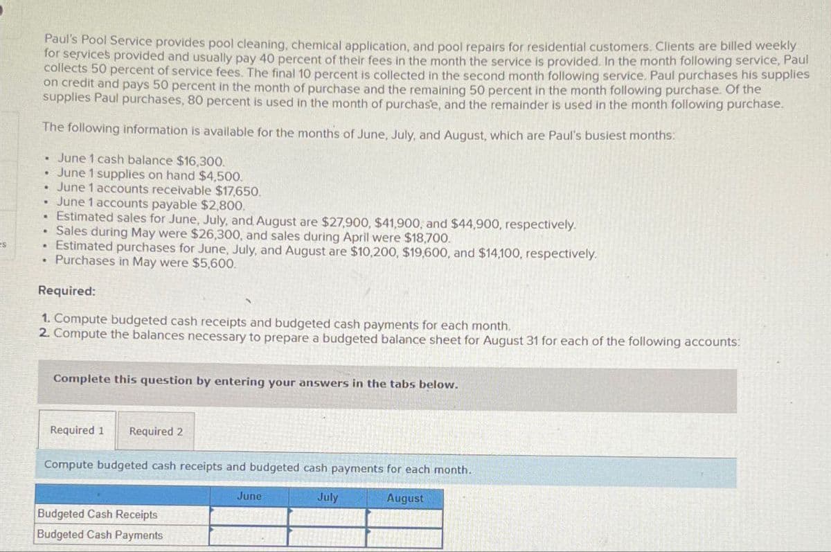 Paul's Pool Service provides pool cleaning, chemical application, and pool repairs for residential customers. Clients are billed weekly
for services provided and usually pay 40 percent of their fees in the month the service is provided. In the month following service, Paul
collects 50 percent of service fees. The final 10 percent is collected in the second month following service. Paul purchases his supplies
on credit and pays 50 percent in the month of purchase and the remaining 50 percent in the month following purchase. Of the
supplies Paul purchases, 80 percent is used in the month of purchase, and the remainder is used in the month following purchase.
The following information is available for the months of June, July, and August, which are Paul's busiest months:
June 1 cash balance $16,300.
June 1 supplies on hand $4,500.
⚫ June 1 accounts receivable $17,650.
⚫ June 1 accounts payable $2,800.
"
•
•
Estimated sales for June, July, and August are $27,900, $41,900, and $44,900, respectively.
Sales during May were $26,300, and sales during April were $18,700.
Estimated purchases for June, July, and August are $10,200, $19,600, and $14,100, respectively.
Purchases in May were $5,600.
Required:
1. Compute budgeted cash receipts and budgeted cash payments for each month.
2. Compute the balances necessary to prepare a budgeted balance sheet for August 31 for each of the following accounts:
Complete this question by entering your answers in the tabs below.
Required 1 Required 2
Compute budgeted cash receipts and budgeted cash payments for each month.
Budgeted Cash Receipts
Budgeted Cash Payments
June
July
August