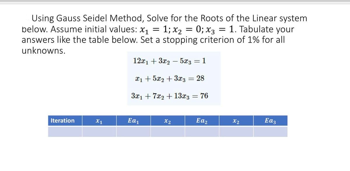 Using Gauss Seidel Method, Solve for the Roots of the Linear system
below. Assume initial values: x₁ = 1; x₂ = 0; x3 = 1. Tabulate your
answers like the table below. Set a stopping criterion of 1% for all
unknowns.
Iteration
X1
12x₁ + 3x2 - 5x3 = 1
1 +5x2 + 3x3 = 28
3x1 + 7x2 + 13x3 = 76
Εαι
X2
Ea₂
x2
Eag