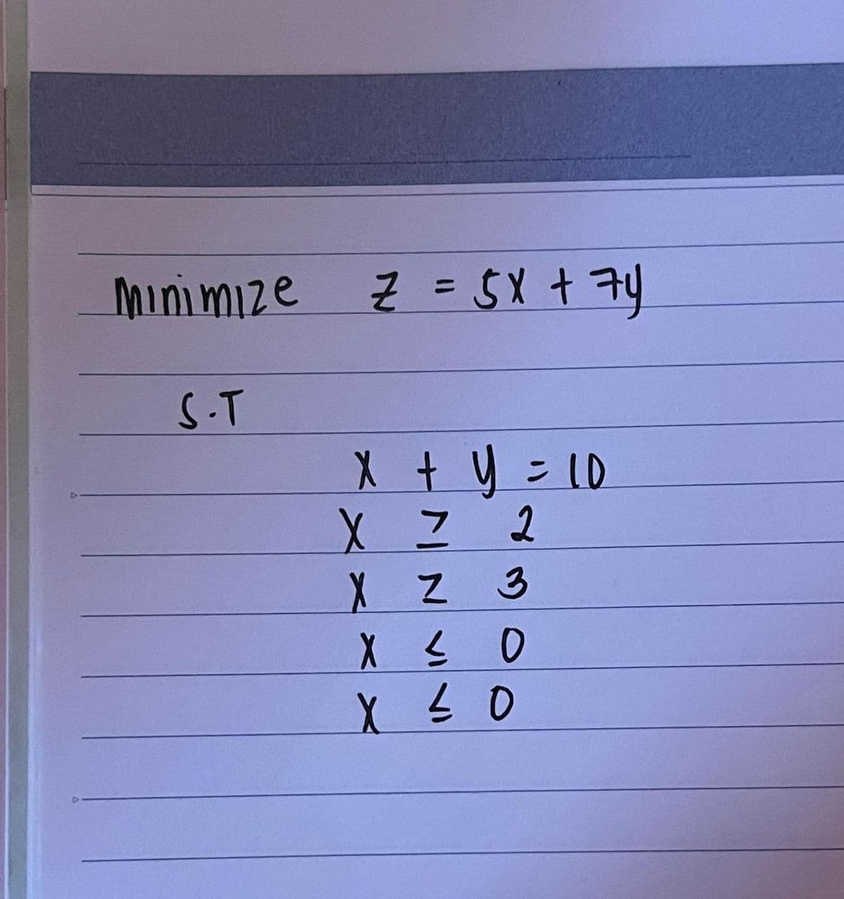 Minimize
S.T
Z = 5x + 74
x + y = 10
X 7 2
X Z 3
X ≤ 0
X ≤0