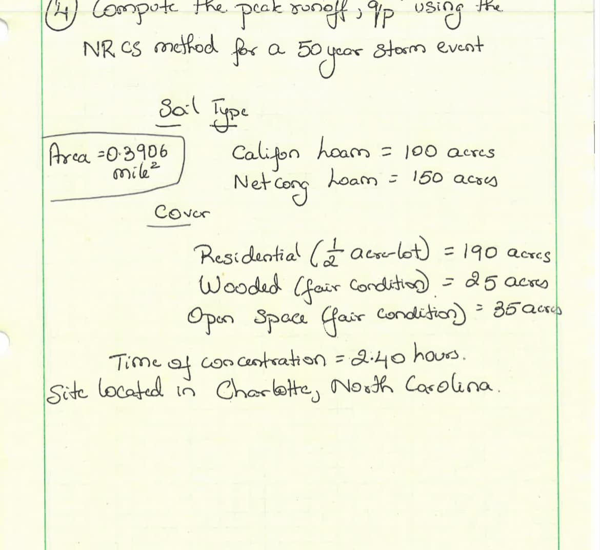 14
Compute the peak runoff, up using
NR. CS method for a 50
др
storm event
50 year
Sail
Arca=0.3906
mile²
турс
Califon hoam = 100 acres
Net cong
Loam= 150 acres
Cover
Residential (acro-lot) = 190 acres
Wooded (fair condition]) = 25 acres
Open Space fair condition) = 35 acres
Time of concentration =
concentration = 2.40 hours.
Site located in Charlotte, North Carolina.