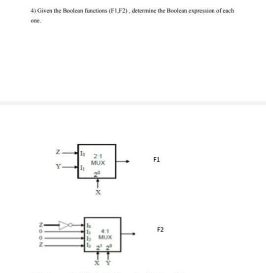 4) Given the Boolean functions (F1,F2), determine the Boolean expression of each
one.
z.
2:1
MUX
F1
Y.
20
F2
41
MUX
s2' 2
NOON
