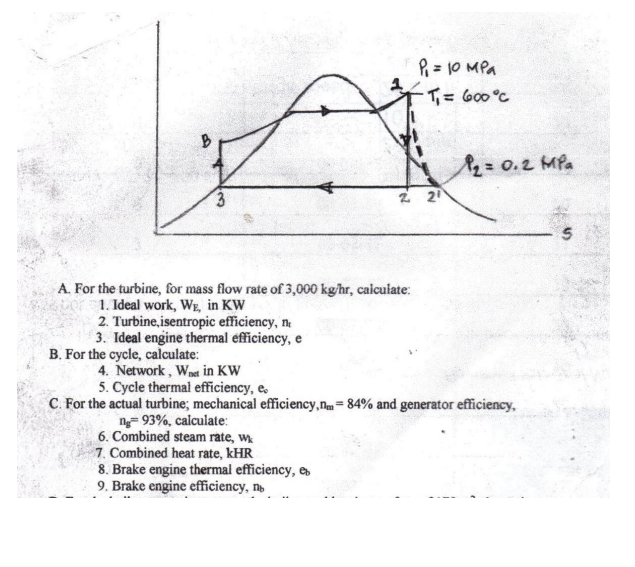 P = 10 MPa
T= 600°C
= 0.2 MPa
2 2
A. For the turbine, for mass flow rate of 3,000 kg/hr, caiculate:
1. Ideal work, WE, in KW
2. Turbine,isentropic efficiency, n
3. Ideal engine thermal efficiency, e
B. For the cycle, calculate:
4. Network, Wast in KW
5. Cycle thermal efficiency, e.
C. For the actual turbine; mechanical efficiency,n= 84% and generator efficiency,
ng- 93%, calculate:
6. Combined steam rate, w
7. Combined heat rate, kHR
8. Brake engine thermal efficiency, e
9. Brake engine efficiency, n
