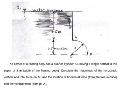 2.
water qurese
1smredius
The corner of a floating body has a quarter cylinder AB having a length normal to the
paper of 3 m (width of the floating body). Calculate the magnitude of the horizontal,
vertical and total force on AB and the location of horizontal force (from the free surface)
and the vertical force (from pt. A).
