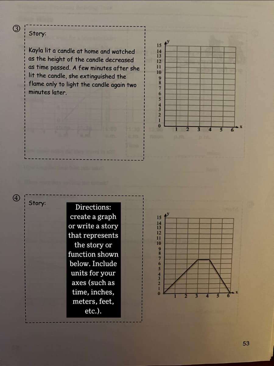 Story:
Kayla lit a candle at home and watched
as the height of the candle decreased
as time passed. A few minutes after she
lit the candle, she extinguished the
flame only to light the candle again two
minutes later.
Story:
Directions:
create a graph
or write a story
that represents
the story or
function shown
below. Include
units for your
axes (such as
time, inches,
meters, feet,
etc.).
15
14
SA3219
10
9
8
7
6
S
43210
noon p.m.
15
14
13
12
11
10
9
8
6
p
5
53