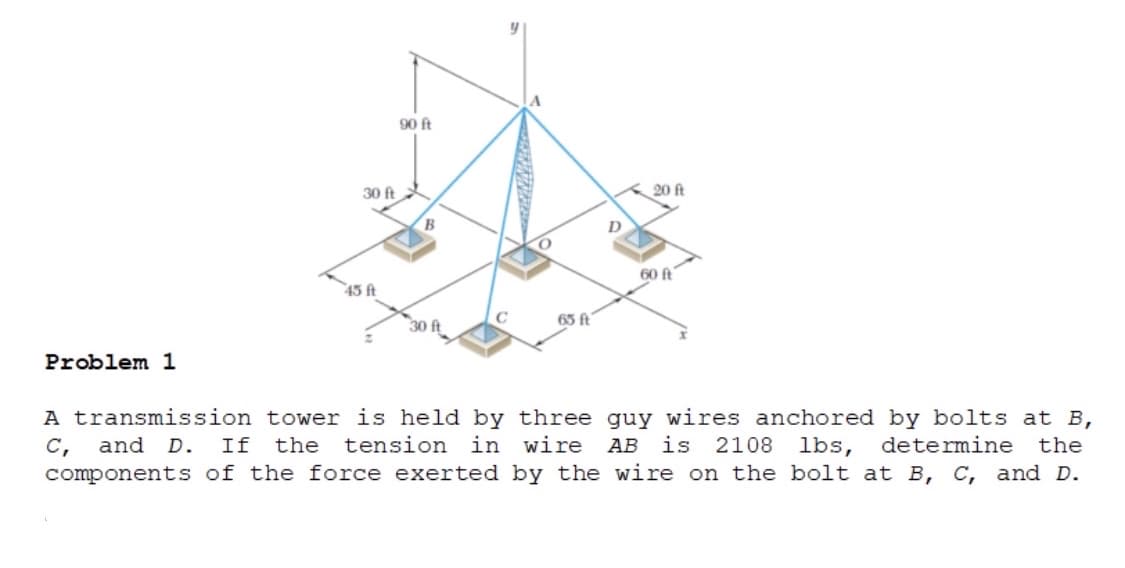 90 ft
30 ft
20 ft
60 ft
45 ft
30 ft
65 ft
Problem 1
A transmission tower is held by three guy wires anchored by bolts at B,
C, and D.
components of the force exerted by the wire on the bolt at B, C, and D.
If
the
tension in wire
AB
is
2108 lbs,
determine
the
