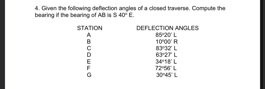 4. Given the following deflection angles of a closed traverse. Compute the
bearing if the bearing of AB is S 40° E.
STATION
DEFLECTION ANGLES
A
85°20' L
10°00' R
83°32' L
63°27' L
34°18' L
72°56' L
30°45' L
